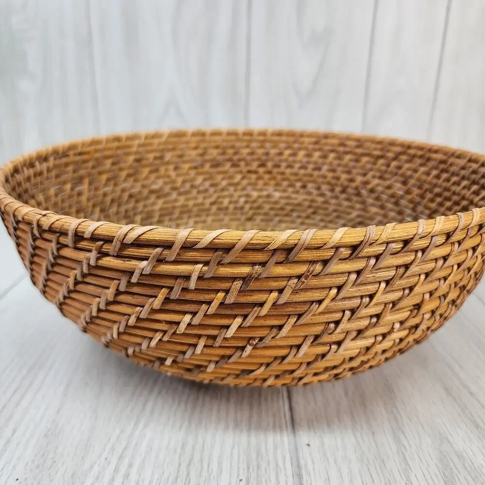 Boho Wicker Woven Fruit Basket United Wood Base Wide Oval Serving Storage 13x5